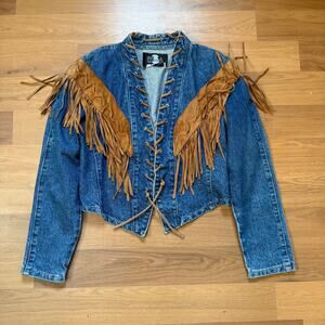Women's Vintage 90's Phoenix Blue Jean Denim Leather Fringe Western Jacket Sz M